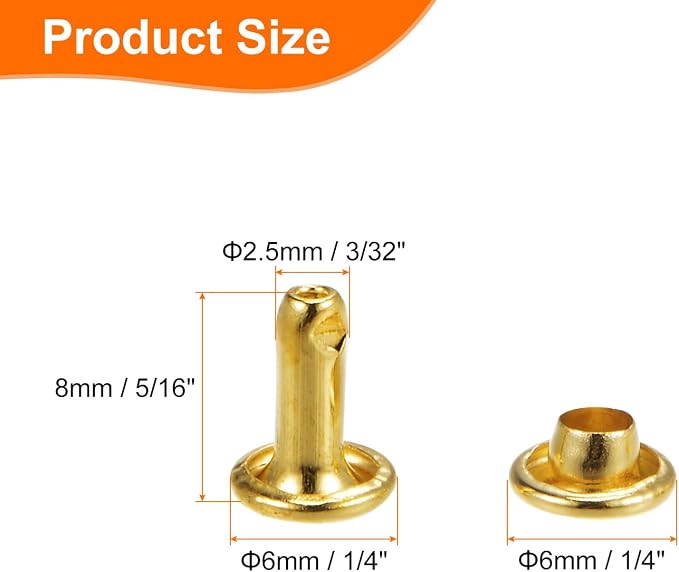 HARFINGTON 100 Sets Double Cap Leather Rivets, 6x8mm Round Cap Tubular Metal Studs Leather Crafting Rivets for Fabric Belt Pet Collar Boot Bag Repair and Decoration, Gold