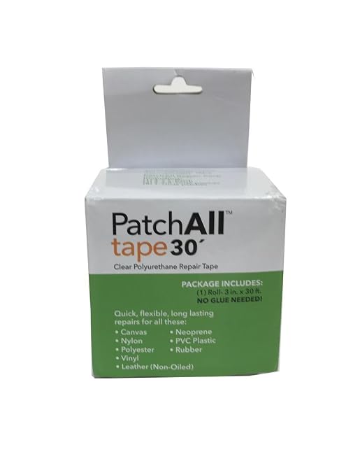 PatchAll Kit Clear Polyurethane Adhesive Vinyl Repair Patch Tape Kit, Waterproof, Airtight Patches for Canvas Tent, Boat Upholstery, Car Seat, Leather Furniture, Hole, Awning, and More, 3" x 30' Roll