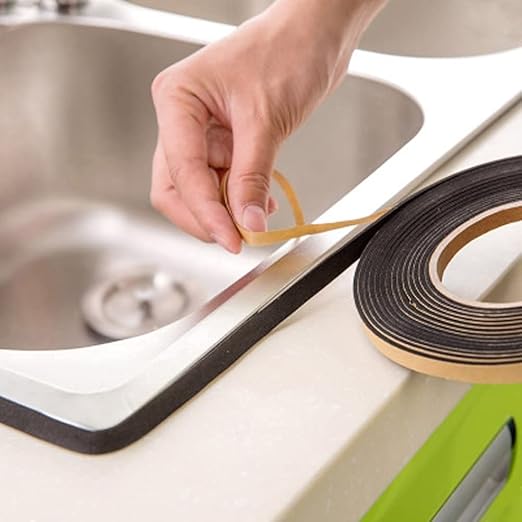 Kitchen Self Sealing Adhesive Tape Dust Waterproof Sealing Strip Caulk Trim Stripe Closed Cell Seal Mounting Tape for Bathroom Shower Tub Toilet Window Kitchen Sink Sealing (1PC) (Black) (Black)