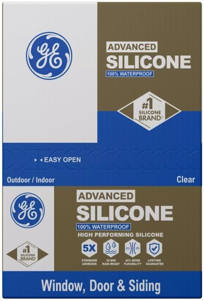 GE Advanced Silicone Caulk for Window & Door, Clear, 10 fl oz Cartridge, 12 Pack - 100% Waterproof Silicone Sealant, 5X Stronger Adhesion, Shrink & Crack Proof