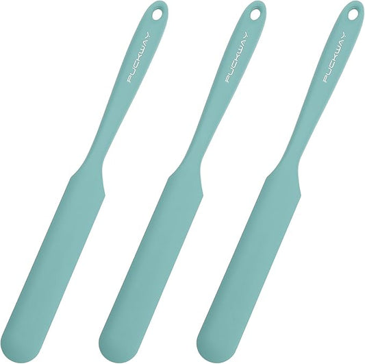 3pcs Silicone Jar Spatulas 10in Long Skinny Heat-Resistant, Narrow Spatula Set for Scraping Peanut Butter, Sourdough, Jam in Small Containers, Blenders & Baking (Green)