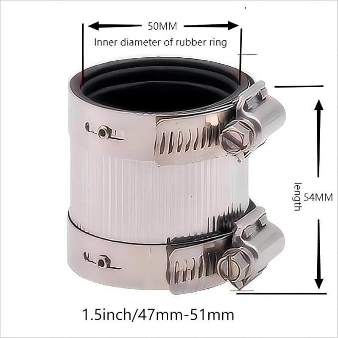 Flexible pipe Coupling with Stainless Steel Clamps.Pipe Connector for PVC and Metal Pipes (1.5inch/47mm-51mm)