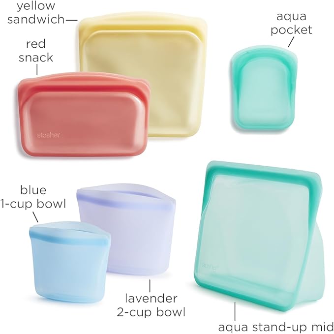 Stasher Silicone Reusable Food Storage Bags, 6-Pack, Reusable Freezer Bags, Microwave, Dishwasher, Oven Safe, Sous Vide, Premium Lunch Containers, Eco Friendly, Food-safe Silicone Snack Bag, Rainbow | Reusable Food Bags