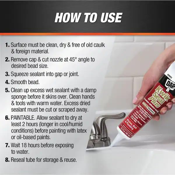 DAP Kwik Seal Plus Kitchen and Bath Adhesive Sealant, White, 5.5 Oz (7079818872)