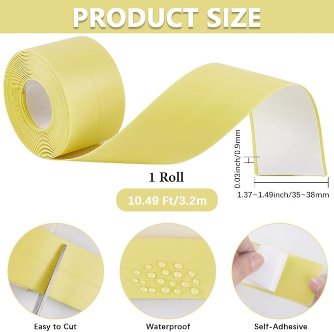 CRASPIRE 10.5 Feet Decorative Sealing Tape Yellow Sealant Tape PVC Waterproof Stain Proof Self Adhesive Bathroom Toilet Surround Corner Protector Caulking Strips for Kitchen Bath Floor Sink Caulk