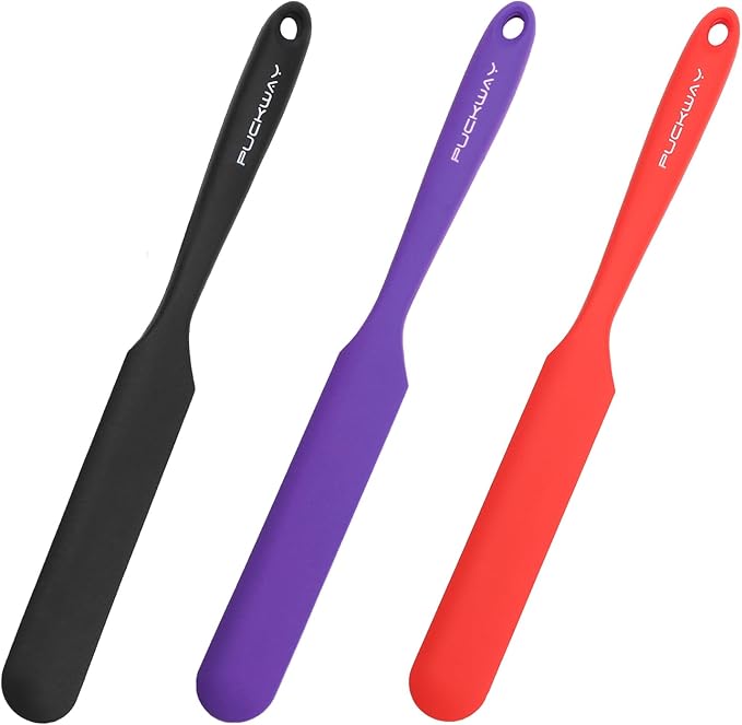 3pcs Silicone Jar Spatulas 10in Long Skinny Heat-Resistant, Narrow Spatula Set for Scraping Peanut Butter, Sourdough, Jam in Small Containers, Blenders & Baking (Black & Purple & Red)