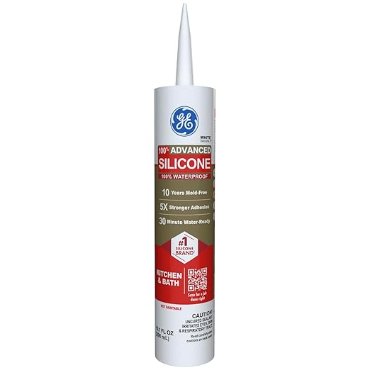 GE Advanced Silicone Caulk for Kitchen & Bathroom, White, 10 fl oz Cartridge, 1 Pack - 100% Waterproof Silicone Sealant, 5X Stronger Adhesion, Shrink & Crack Proof