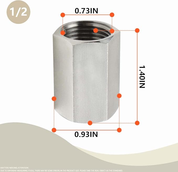 Bwintech 1 Pcs 304 Stainless Steel Forging Hex Coupling, 1/2" NPT x 1/2" NPT Female Threaded Piple Fittings, Hex Coupling Rod Version