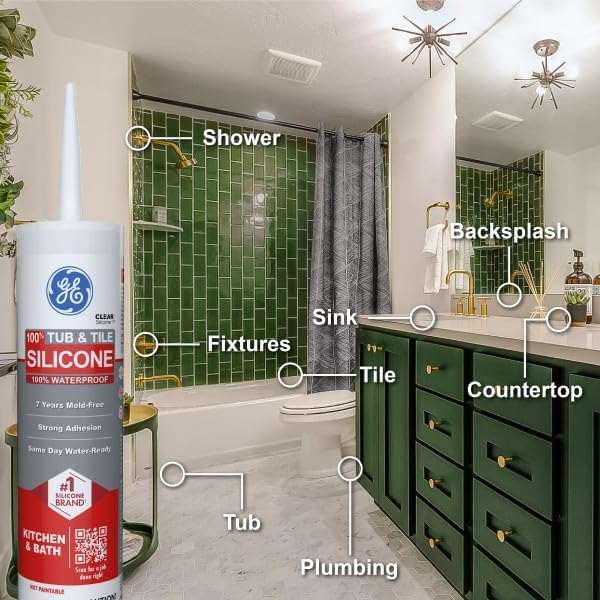GE Silicone Caulk for Tub & Tile Kitchen & Bath, Clear, 10 fl oz Cartridge, 1 Pack - 100% Waterproof Silicone Sealant, Excellent Flexibility, Shrink & Crack Proof