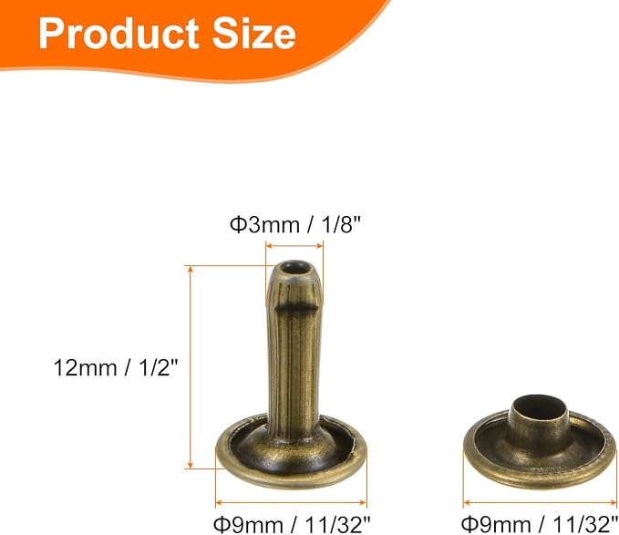 HARFINGTON 100 Sets Double Cap Leather Rivets, 9x12mm Round Cap Tubular Metal Studs Leather Crafting Rivets for Fabric Belt Pet Collar Boot Bag Repair and Decoration, Bronze