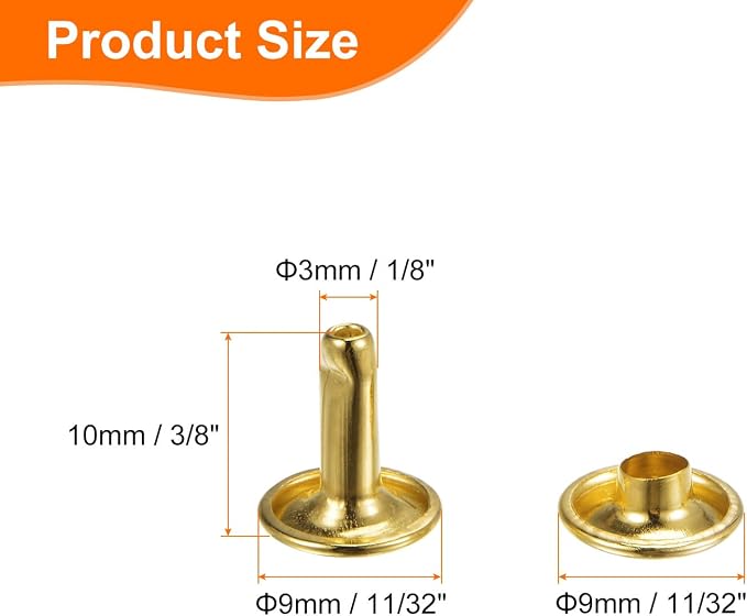 HARFINGTON 100 Sets Double Cap Leather Rivets, 9x10mm Round Cap Tubular Metal Studs Leather Crafting Rivets for Fabric Belt Pet Collar Boot Bag Repair and Decoration, Gold