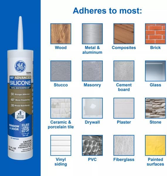 GE Advanced Silicone Caulk for Window & Door, Clear, 10 fl oz Cartridge, 1 Pack - 100% Waterproof Silicone Sealant, 5X Stronger Adhesion, Shrink & Crack Proof