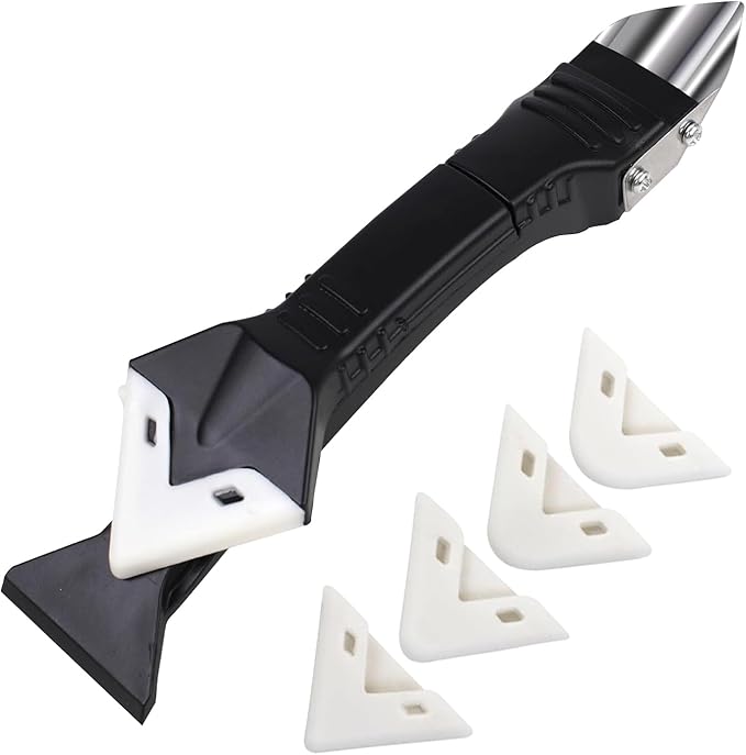 3 in 1 Caulking Tool Kit: 1 Steel Scraper & 5 Silicone Pads - Grout Remover and Sealant Finisher for Bathroom, Kitchen, Tile Joints