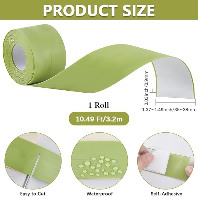 CRASPIRE 10.5 Feet Bath Sealing Strip Floor Sealant Tape Green PVC Waterproof Stain Proof Self Adhesive Kitchen Toilet Bathtub Corner Protector Caulking Decorative Tape for Bathroom Caulk Sink Shower