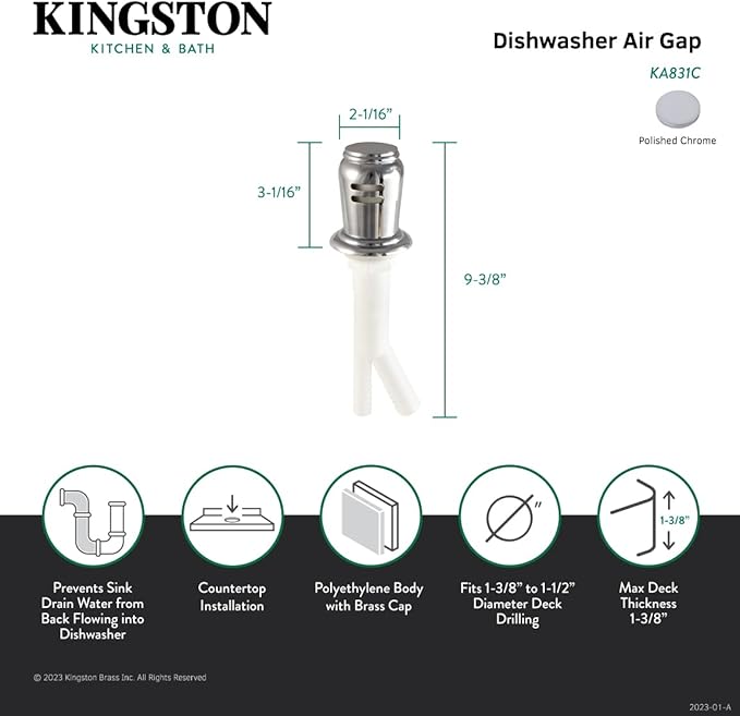 Kingston Brass KA831C Trimscape Dishwasher Air Gap, Polished Chrome