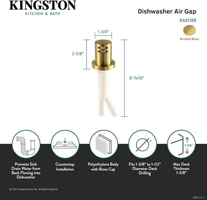 Kingston Brass KA821BB Trimscape Dishwasher Air Gap, Brushed Brass