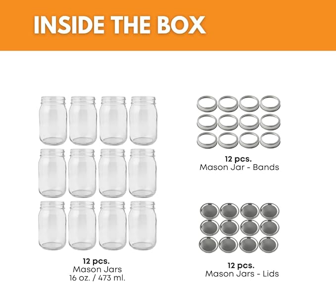 FastRack Regular Mouth Glass Mason Jars with Metal Airtight Lids | 16 oz - Pack of 12 | Large Glass Jars for Food Storage with Lids | Ideal for Canning, Fermentation, Pickling, Kombucha Brewing