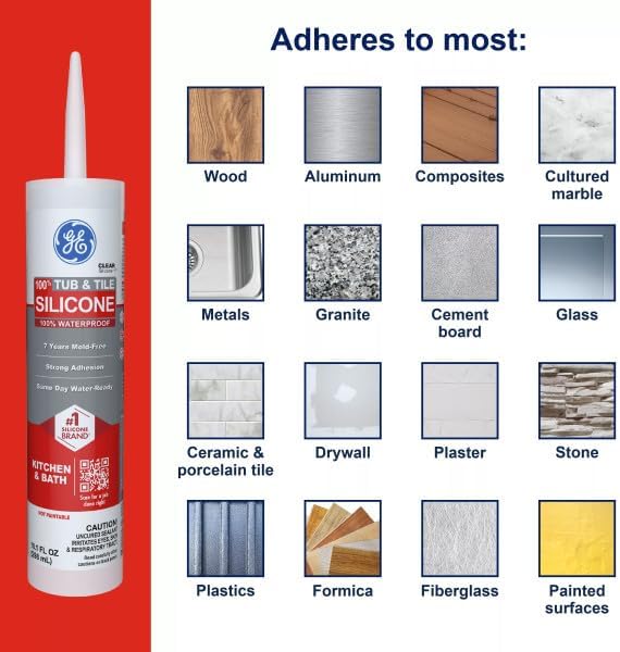 GE Silicone Caulk for Tub & Tile Kitchen & Bath, Clear, 10 fl oz Cartridge, 1 Pack - 100% Waterproof Silicone Sealant, Excellent Flexibility, Shrink & Crack Proof