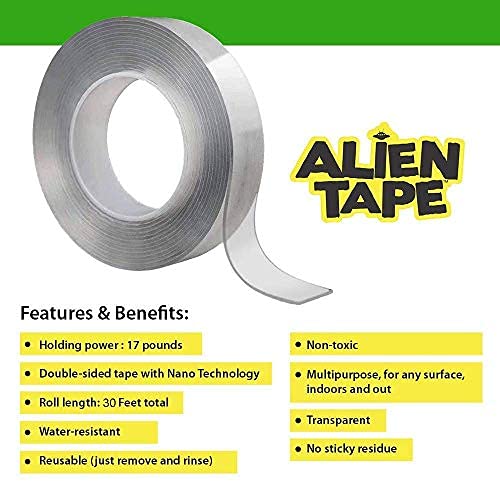 ALIEN TAPE Heavy Duty Double Sided Tape, Nano Tape, Feet Clear Adhesive Tape for Poster Photo Wall Decor As Seen on TV, (4 Rolls - 20 Feet Total)