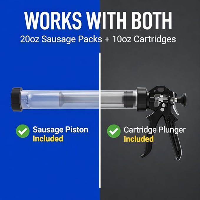 Heavy Duty Caulking Gun | 12:1 Manual Caulk Gun | 20oz Sausage Foil Pack Cartridges 600ml | No Drip Dripless Professional Calking for Painters, DIYers, Automotive, Contractors