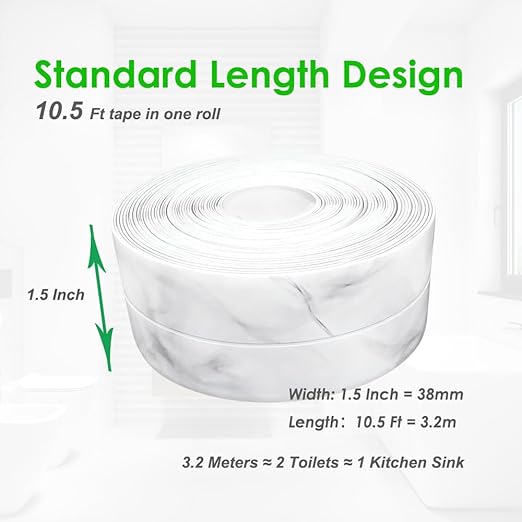 Kitchen & Bath Tape Caulk Strip, 1.5 Inch 10.5 Ft PVC Self Adhesive Waterproof Caulking Sealing Tape, Decorative Sealant Trim for Kitchen Sink Toilet Bathroom Shower and Bathtub (CloudMarble3.2M)