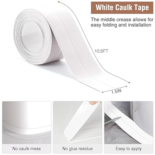 White Caulk Tape Peel & Stick Waterproof Self Adhesive Sealing Tape for Bathroom Kitchen Bathtub Toilet Walls Floors Tiles Wallpaper Decor, No Mess with Glue or Caulking, Quick & Easy Fix in Minutes