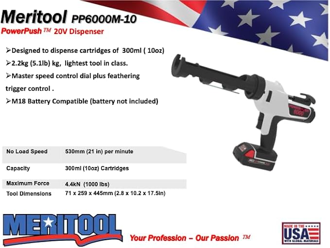 6000 Series Cordless Caulking Gun – 20V Lithium Battery Powered Electric 10oz Cartridge Dispenser, Lightweight 3.75 lbs, 1000 lb Thrust, No-Drip Sealant & Adhesive Applicator