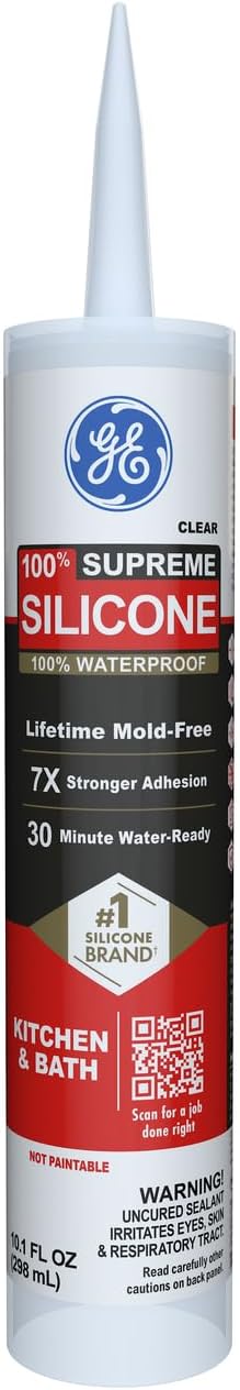 GE Supreme Silicone Caulk for Kitchen & Bathroom, Clear, 10 fl oz Cartridge, 1 Pack - 100% Waterproof Silicone Sealant, 7X Stronger Adhesion, Shrink & Crack Proof