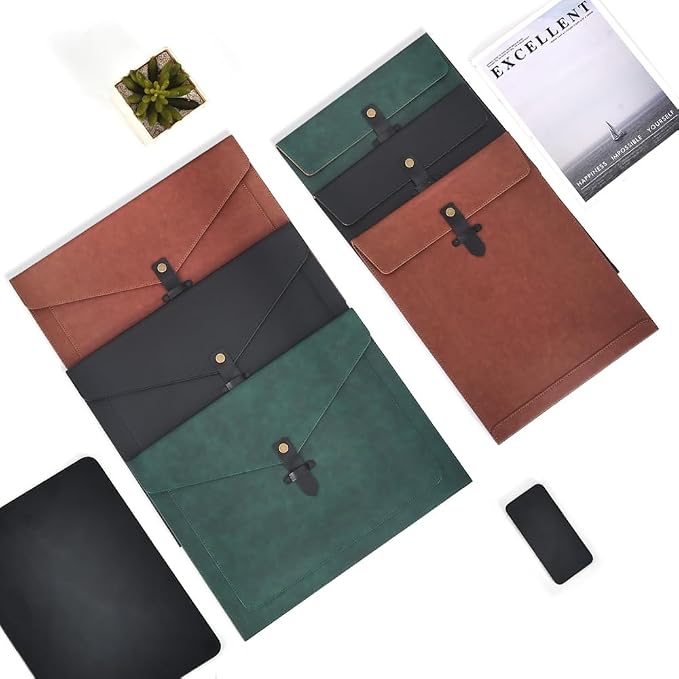 Black PU Leather File Folder, Snap Closure File Organizer, Important Document Folder with Pockets, Document Organizer, Laptop Sleeve Notebook Case, A4 Envelopes Filing Folder