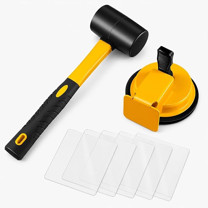 Floor Gap Fixer Tool with Rubber Mallet, Iron Body & Strong Suction Cup, Includes 5 Sticky Pads for Laminate, Vinyl, Wood & Tile Flooring Installation and Repair