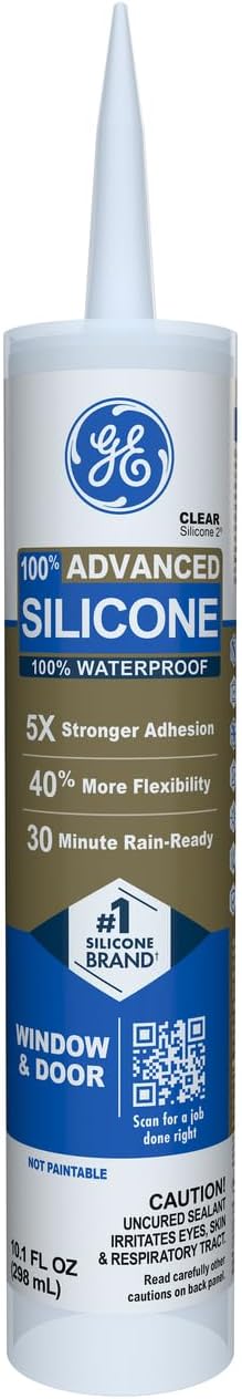GE Advanced Silicone Caulk for Window & Door, Clear, 10 fl oz Cartridge, 1 Pack - 100% Waterproof Silicone Sealant, 5X Stronger Adhesion, Shrink & Crack Proof