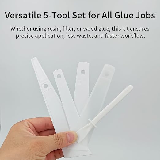 5Pcs White Plastic Glue Spreader Smear Plate Scraper Sticks Brushes Durable Flexible Easy to Clean Glue Applicator Spatula Kit Gap Filling Tool for Woodworking Leather Adhesive Projects,5Size