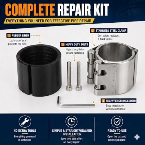 Pipe Repair Clamp，1 1/4inch(41mm-44mm) Stainless Steel Leak Sealer, Heavy Duty Pipe Leak Repair Kit for Metal & PVC Pipes, for Burst & Crack Water Pipe Emergency Maintenance