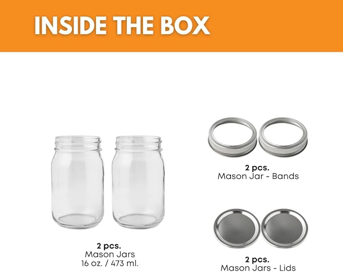 FastRack Regular Mouth Glass Mason Jars with Metal Airtight Lids | 16 oz - Pack of 2 | Large Glass Jars for Food Storage with Lids | Ideal for Canning, Fermentation, Pickling, Kombucha Brewing