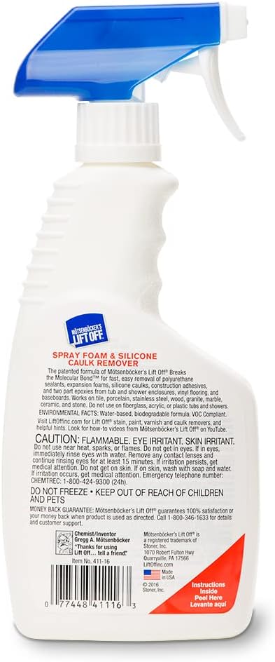 Motsenbocker’s Lift Off 41116 16-Ounce Silicone Latex Caulk and Foam Sealant Remover Spray is Safe on Showers, Construction Adhesives, Stainless Steel, Ceramic Water-Based, White