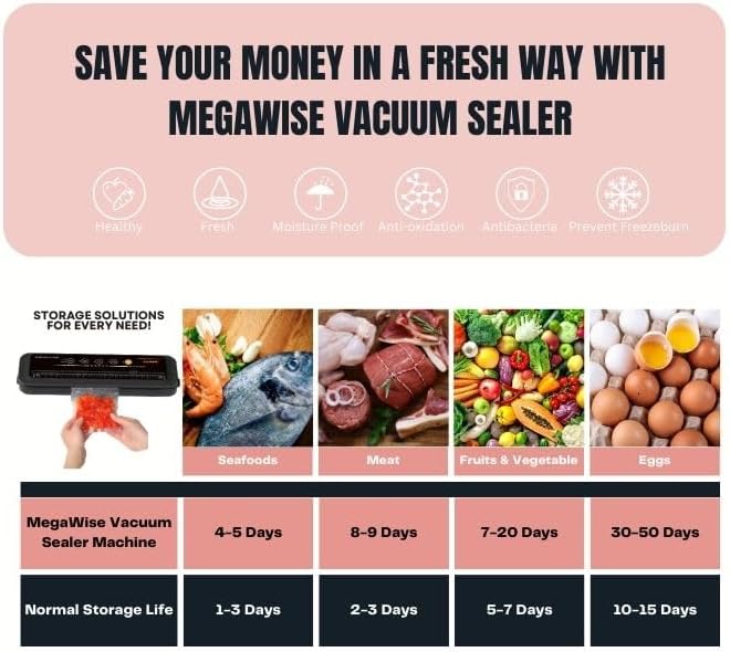 Updated Vacuum Sealer Machine (2025), MEGAWISE Food Sealer w/Starter Kit, Dry & Moist Food Modes, Compact Design with 10 Vacuum Bags & Built-in Cutter