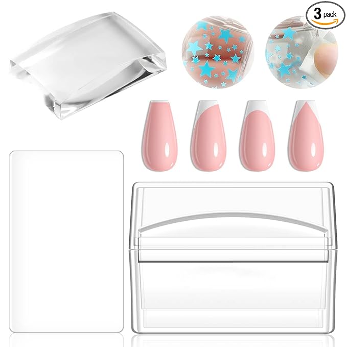 French Tip Nail Stamper, Clear Silicone French Tip Tool with Nail Scraper Alcohol-Washable Soft Jelly Stamp Head Manicure Guide for Gel Polish Printing Design Home Salon Nail Art Supplies