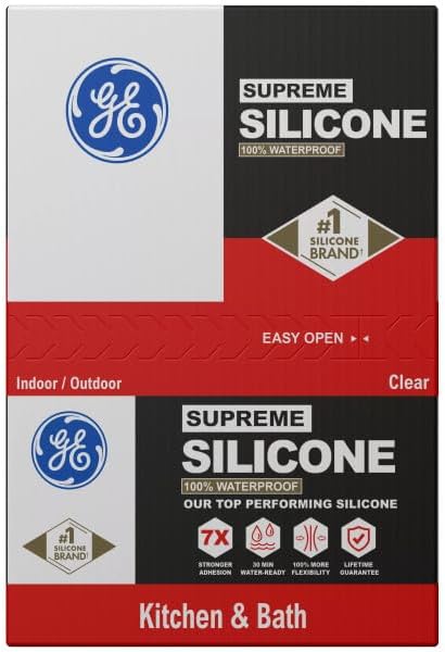 GE Supreme Silicone Caulk for Kitchen & Bathroom, Clear, 10 fl oz Cartridge, 12 Pack - 100% Waterproof Silicone Sealant, 7X Stronger Adhesion, Shrink & Crack Proof