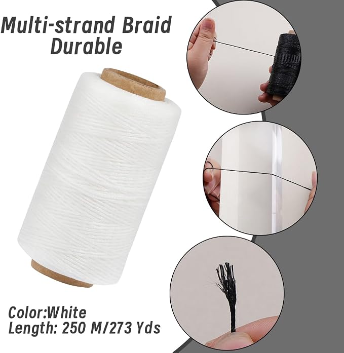 TLKKUE Strong Upholstery Repair Waxed Thread Kit, 273 Yards Upholstery Thread Sewing Needle Straight Awl, Heavy Duty Wax String Sewing Kit for Leather, Shoe Canvas Carpet Stitching Crafting (White)