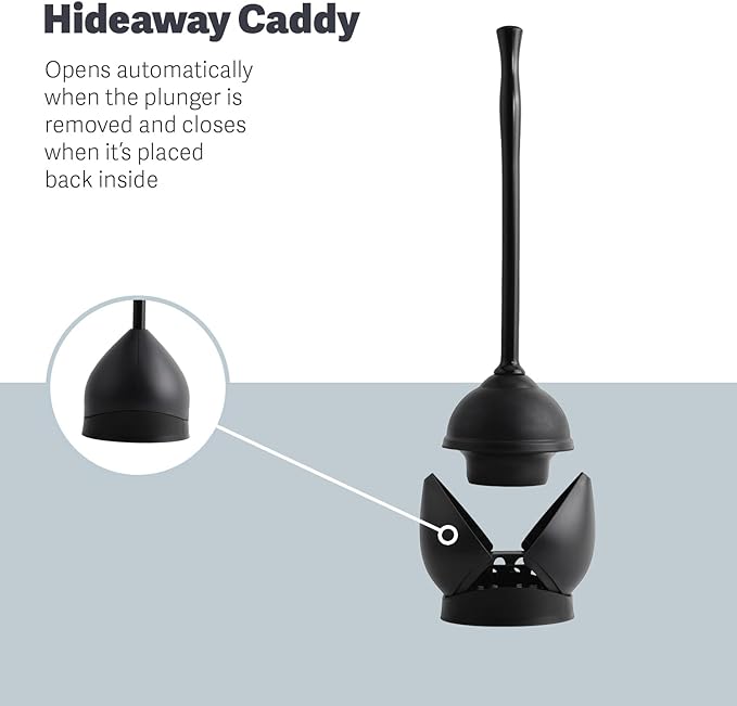 Casabella Toilet Plunger and Hideaway Caddy Combo for Bathrooms, 2-Piece Heavy-Duty Set, Black