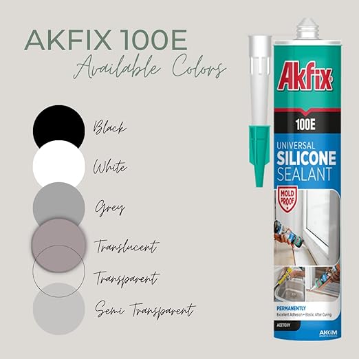 Akfix 100E RTV Grey Silicone Caulk (48x10.1 fl.oz.) - 100% Waterproof Silicone Sealant for Kitchen and Bathroom, Shower, Toilet, Sink, Window and Door, No Yellowing | Grey, 48 Pack