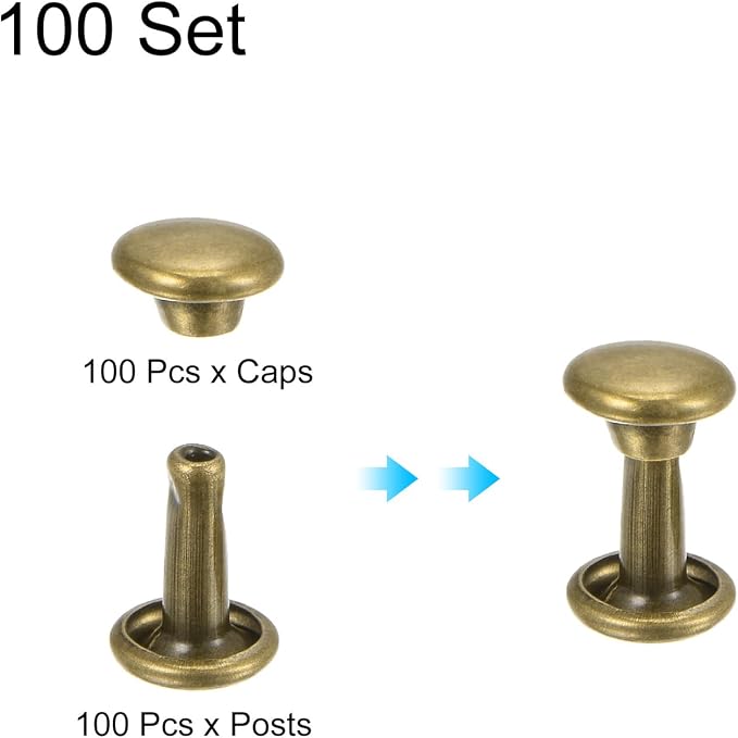 HARFINGTON 100 Sets Double Cap Leather Rivets, 6x8mm Round Cap Tubular Metal Studs Leather Crafting Rivets for Fabric Belt Pet Collar Boot Bag Repair and Decoration, Bronze