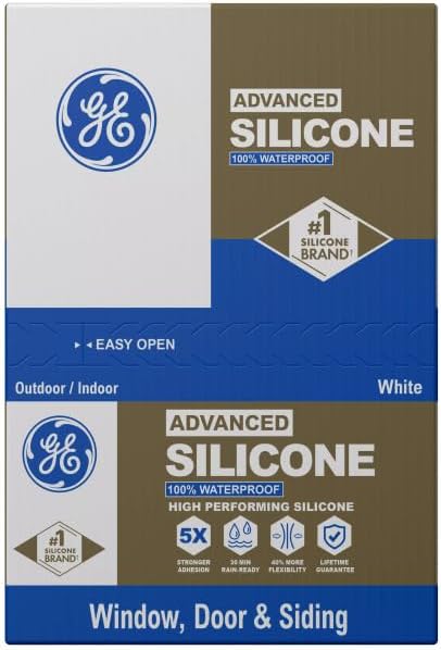 GE Advanced Silicone Caulk for Window & Door, White, 10 fl oz Cartridge, 12 Pack - 100% Waterproof Silicone Sealant, 5X Stronger Adhesion, Shrink & Crack Resistant