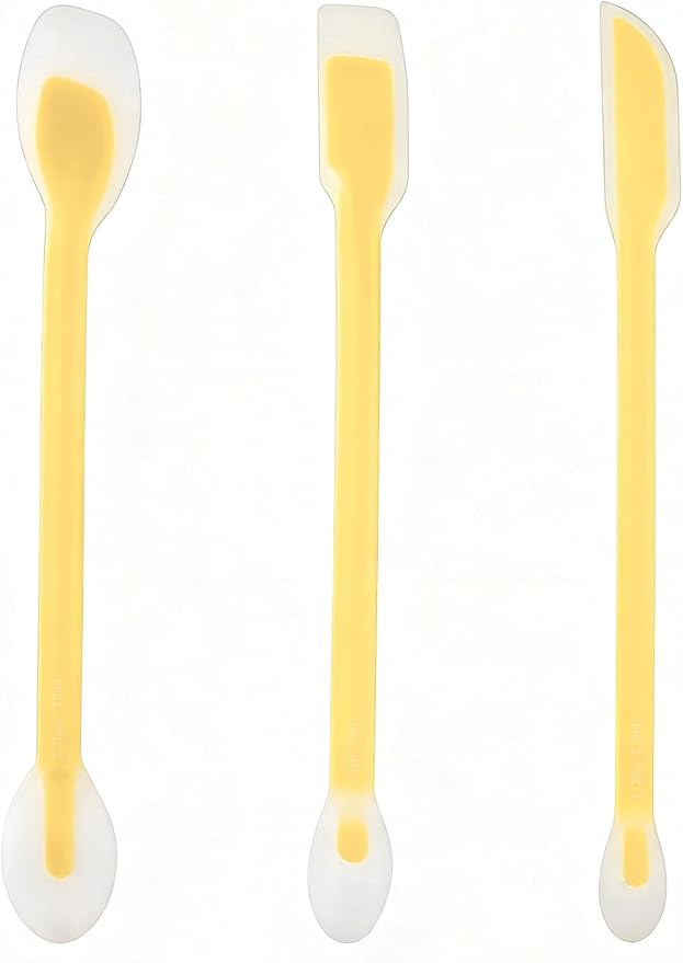 Long Handle Jar Scraper & Dual-Ended Silicone Spatula Spoon Set of 3 – Peanut Butter Spatula with Measuring Scale (1 Tbsp, 1 Tsp, 1/2 Tsp) for Deep Jars, Jam, Mayo, Blender Cups (yellow)