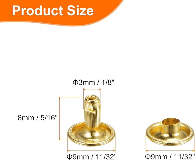 HARFINGTON 100 Sets Double Cap Leather Rivets, 9x8mm Round Cap Tubular Metal Studs Leather Crafting Rivets for Fabric Belt Pet Collar Boot Bag Repair and Decoration, Gold