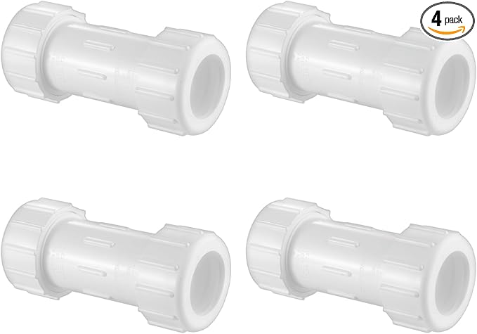 LESSO 3/4 Inch PVC Compression Coupling, Pipe Connection, IPS Coupling, Compression Fitting, Quick Connecting Piping and Repairs of PVC Pipe, 3/4" SCH 40, White 4 Pack