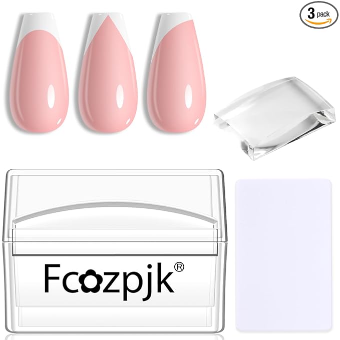Fcozpjk French Tip Tool, 3PCS Clear Silicone Nail Art Stamper Scraper Kit with Replacement Soft Jelly Stamp Head Quick French Tip Manicure Guides Stamping Polish Printing Design Salon Supplies