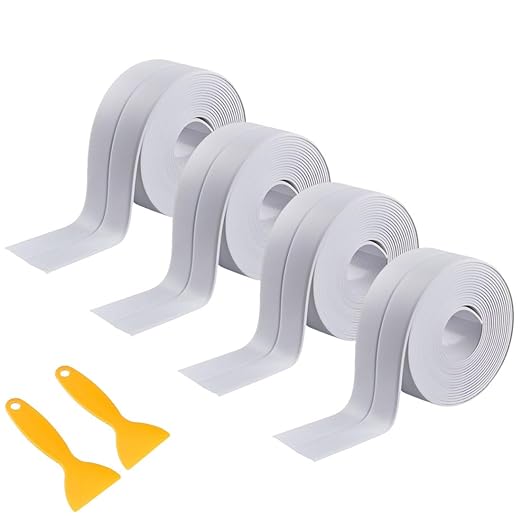 4 Rolls White Caulking Tape, Self-Adhesive Waterproof Sealant Tape for Kitchen, Bathroom, Bathtub, Toilet Base, Countertop Edge Protector, Wall Floor with Sealing Tools (126 x 1.5in)