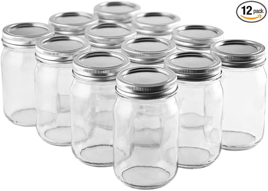 FastRack Regular Mouth Glass Mason Jars with Metal Airtight Lids | 16 oz - Pack of 12 | Large Glass Jars for Food Storage with Lids | Ideal for Canning, Fermentation, Pickling, Kombucha Brewing