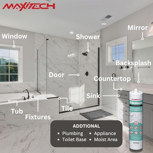 Kitchen & Bathroom Silicone Caulk – 100% Clear Silicone Sealant Waterproof for Sinks, Tubs, Shower Seal & Toilet Seal – Crack-Proof, Quick-Dry Formula Silicone Caulking, 2-Pack